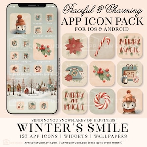 Może przedstawiać: Cyfrowy pakiet ikon aplikacji zatytułowany Peaceful & Charming Winter's Smile na systemy iOS i Android. Zawiera 120 ikon, widżetów i tapet ze świątecznymi ilustracjami, takimi jak wiewiórki w czapkach, laski cukrowe, gwiazdy betlejemskie i zaśnieżone wioski.