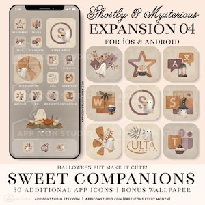 May include: A digital set of app icons titled Ghostly & Mysterious Expansion 04 for iOS and Android. The icons feature beige and brown color palettes with illustrations of ghosts, autumn leaves, stars, and text like Ulta, Trello, and Teams.