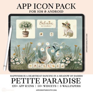 Puede incluir: Una pantalla de tableta que muestra un paquete de iconos de aplicaciones con temática de pradera. La interfaz presenta un árbol de margaritas, una rana con sombrero y un ganso entre flores. Texto: "Believe in yourself".