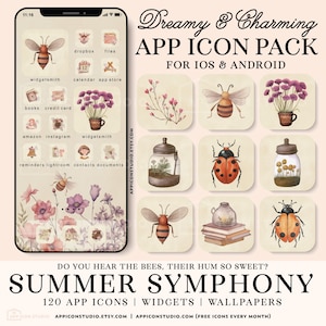 Może przedstawiać: Cyfrowy pakiet ikon aplikacji na systemy iOS i Android z motywem Summer Symphony. Zestaw zawiera 120 ikon, widżetów i tapet z ilustracjami pszczół, biedronek, kwiatów i słoików w delikatnej, stonowanej palecie kolorystycznej.