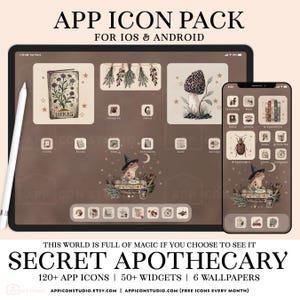 May include: A digital app icon pack for iOS and Android devices. The image shows a tablet and a phone displaying custom app icons with a witchy apothecary theme. The design includes illustrations of herbs, mushrooms, and a frog wearing a witch hat. The text reads "Secret Apothecary".