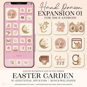 May include: A set of 30 hand-drawn Easter-themed app icons for iOS and Android. The icons feature a pastel pink and brown colour scheme with illustrations of bunnies, eggs, flowers, and other Easter symbols. The text "Easter Garden" is displayed in a large font at the bottom of the image.