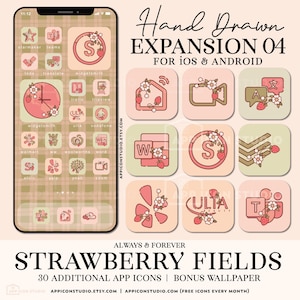 May include: A phone screen and app icon set with a strawberry theme. The icons are in shades of pink and beige, with floral and strawberry accents. The text "Hand Drawn EXPANSION 04" and "STRAWBERRY FIELDS" are also visible.