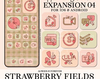 Conjunto de iconos de la aplicación de iPhone "Fresa estética" en tonos rosa y verde. Personalización de la pantalla de inicio con el tema de fresa. Iconos estéticos de iOS, 210409e4.