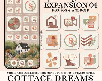 Iconos de aplicación Cottagecore en acuarela, tema de primavera para iOS, fondo de pantalla (Paquete de expansión 04) (Descarga digital)