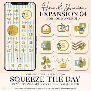 May include: A digital illustration of a phone screen displaying a collection of 30 hand-drawn app icons with a citrus theme. The icons are in a grid pattern and feature lemons, flowers, and other botanical elements. The text "Squeeze the Day" is at the bottom of the screen.