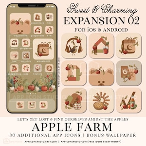 Puede incluir: Un conjunto digital de iconos de aplicaciones y un fondo de pantalla titulado Sweet & Charming Expansion 02 Apple Farm para iOS y Android. El diseño presenta una paleta de colores cálidos con ilustraciones de manzanas, osos y follaje.