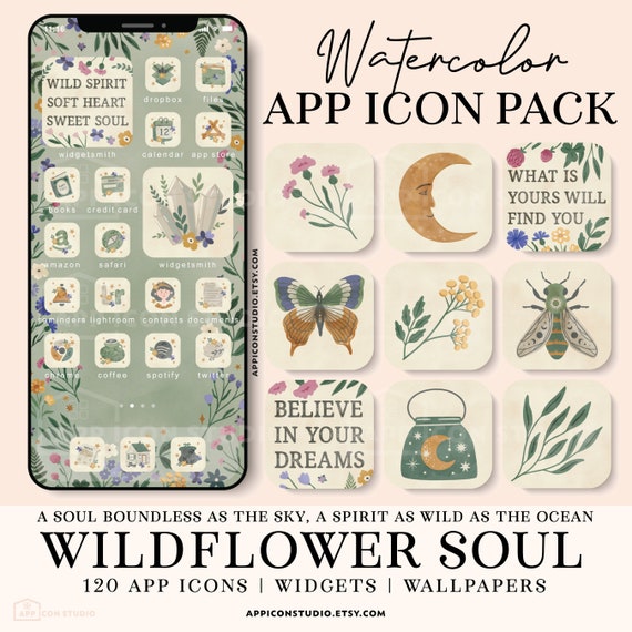 Watercolor App Icons iPhone Icon Pack iOS Theme Android Phone Wallpaper Aesthetic Wildflower Home Screen Green and Beige Backgrounds, 230101