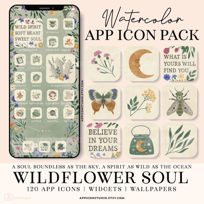 May include: A set of 120 watercolor app icons with a wildflower theme. The icons feature a variety of floral and nature-inspired designs, including butterflies, flowers, and leaves. The icons are designed to be used with the "Wildflower Soul" app icon pack.