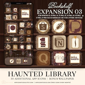 May include: A digital set of app icons and wallpaper titled Bookshelf Expansion 03 Haunted Library. The design features brown, cream, and dark wood tones with ornate frames, a fox, and various app logos like Skillshare, Notion, and Ring.