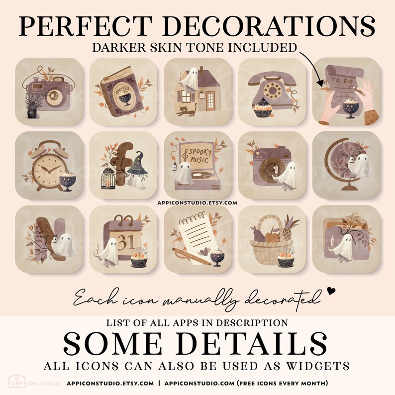 Cute Halloween Aesthetic App Icon Bundle with little ghosts, including Icons, Widgets, Wallpapers and Installation Guides for iOS and Android. A lovely Watercolor Texture makes these app icons and wallpapers unique and special.