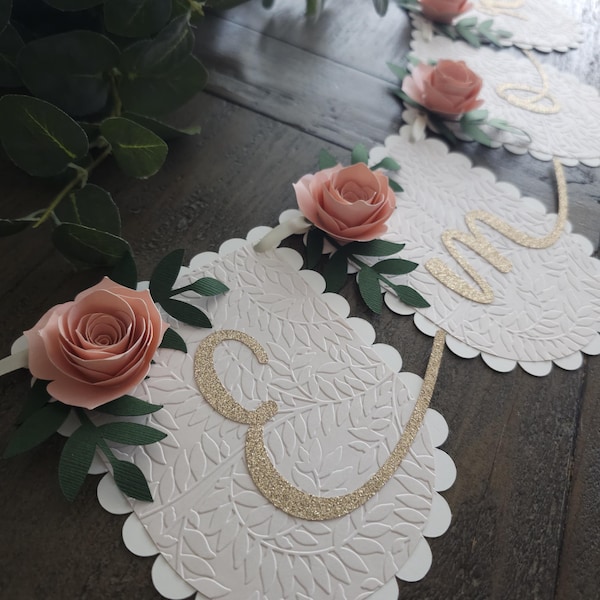 Floral Name Banner, Champagne Glitter Letters, Baby Shower Decor