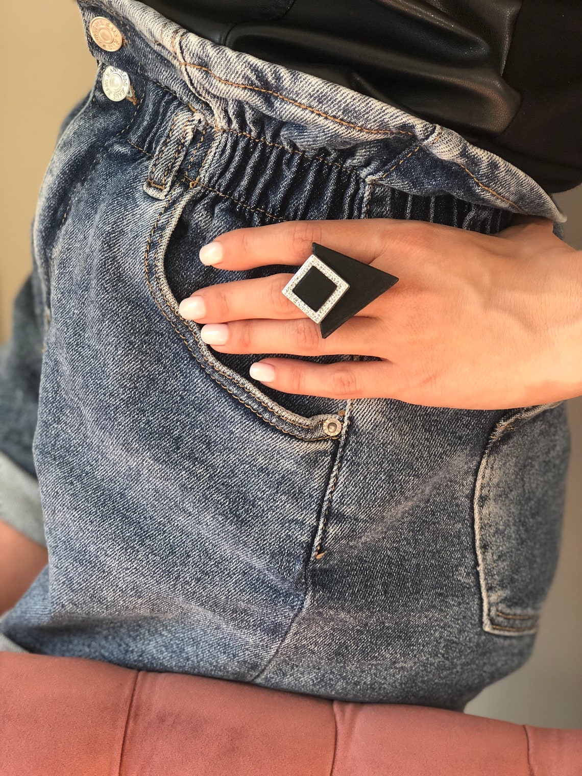 Statement Ring Oversized Ring Triangle Leather Ring Etsy