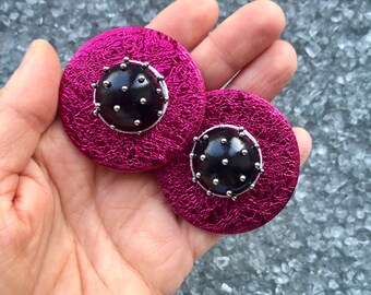 Oversized Round Earrings, Extra Large Studs Leather Earrings, Shiny Clip Ons, 3D Designer Stud Earrings, Pink And Black Earrings