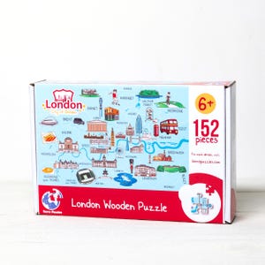 London Karte Holzpuzzle, pädagogisch wertvolles illustriertes Kartenpuzzle für Kinder, Montessori Brettspiele, Esskultur von London
