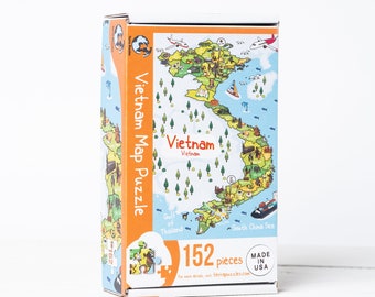 Vietnam Illustrated Map Wooden Jigsaw Puzzle for Children and Adults, 152 Piece Board Games Puzzle, Birthday Holiday Gift Ideas, Viet Food