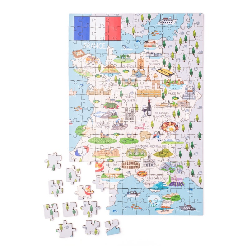 Puzzle en bois carte de France fait à la main pour enfants et adultes, idées cadeaux de vacances, 152 pièces, jeux de société éducatifs colorés illustrés image 3