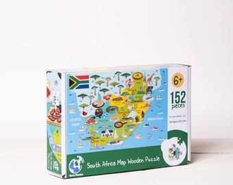 Puzzle en bois avec carte de l'Afrique du Sud pour enfants et adultes, jeux de société éducatifs et amusants en famille, nourriture culturelle et monument