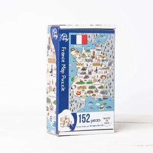 Puzzle en bois carte de France fait à la main pour enfants et adultes, idées cadeaux de vacances, 152 pièces, jeux de société éducatifs colorés illustrés image 1