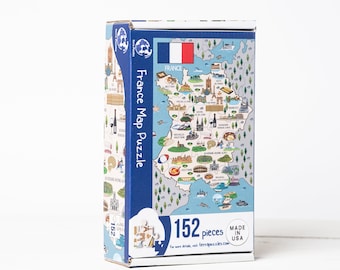 France Map Wooden Jigsaw Puzzle Handmade for Children and Adults, Holiday Gift Ideas, 152 pieces, Illustrated Colorful Education Board Games