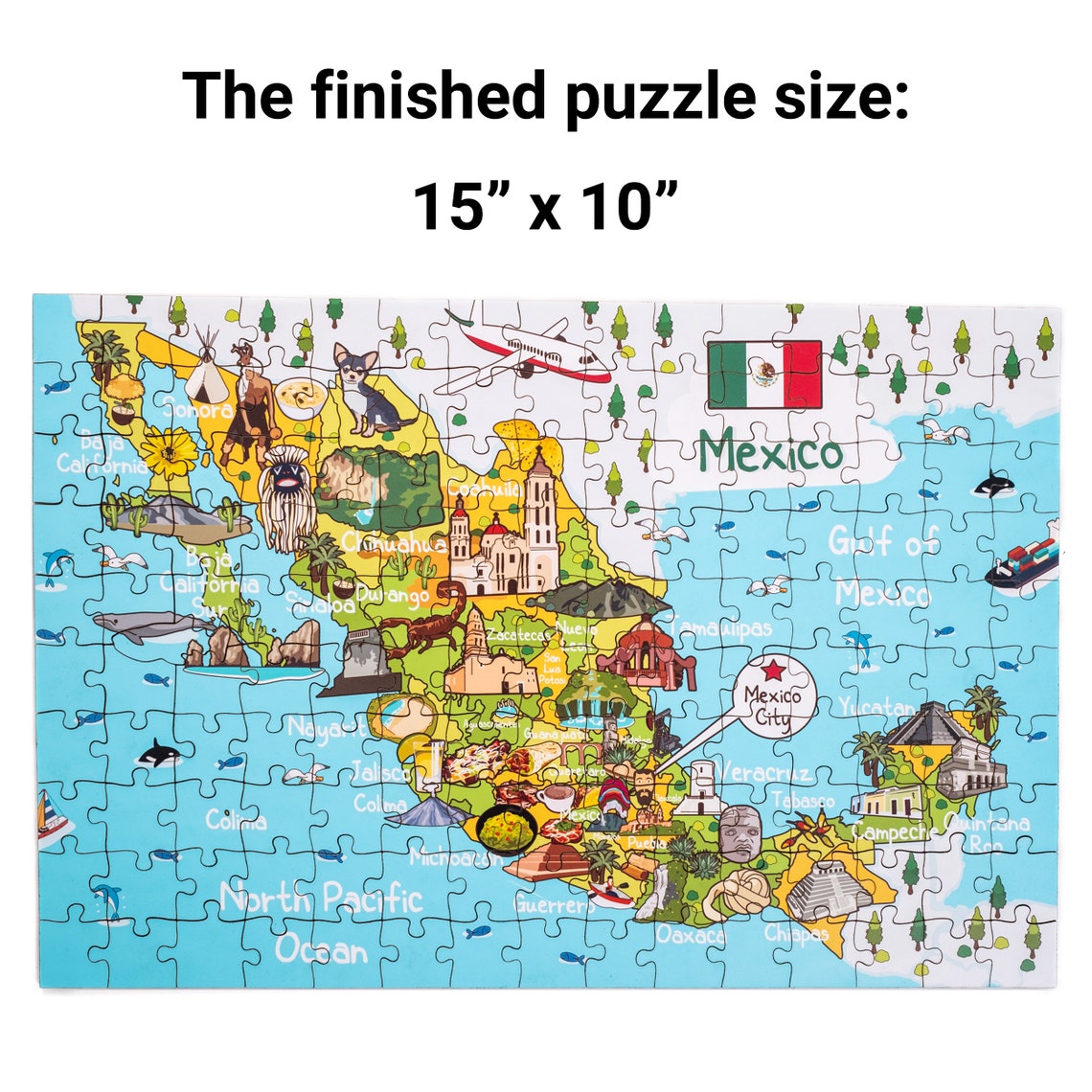 Mexico Map Wooden Jigsaw Puzzle for Children, Illustrated Mexico City Map Puzzle, Holiday Gift ...