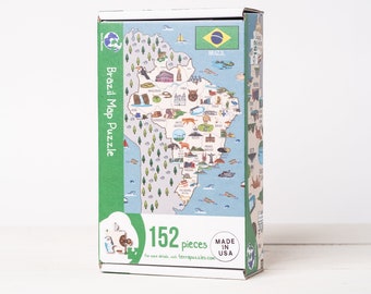 Brazil Map Wooden Jigsaw Puzzle for kids 6+,  Handmade Educational Montessori Board Games, Brazilian Food and Cultural Landmark.