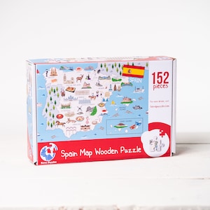 Carte de l'Espagne Puzzles en bois, carte Montessori Puzzle de l'Espagne pour les enfants, jeux de société découpés au laser de vacances, monument culturel de l'alimentation de l'Espagne image 1