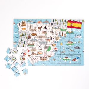 Carte de l'Espagne Puzzles en bois, carte Montessori Puzzle de l'Espagne pour les enfants, jeux de société découpés au laser de vacances, monument culturel de l'alimentation de l'Espagne image 3