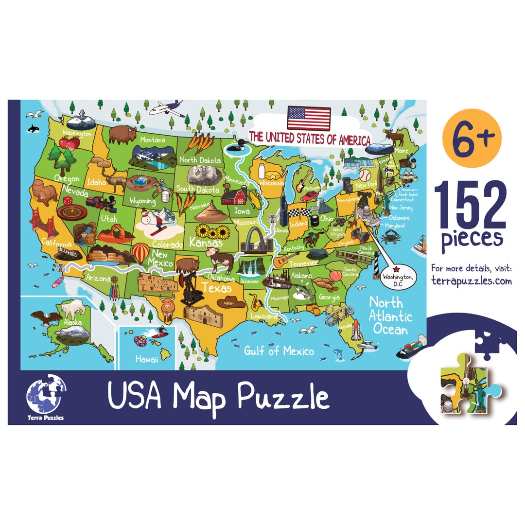 USA Illustrated Map Wooden Jigsaw Puzzle for Children and - Etsy