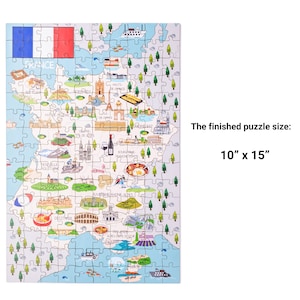 Puzzle en bois carte de France fait à la main pour enfants et adultes, idées cadeaux de vacances, 152 pièces, jeux de société éducatifs colorés illustrés image 2