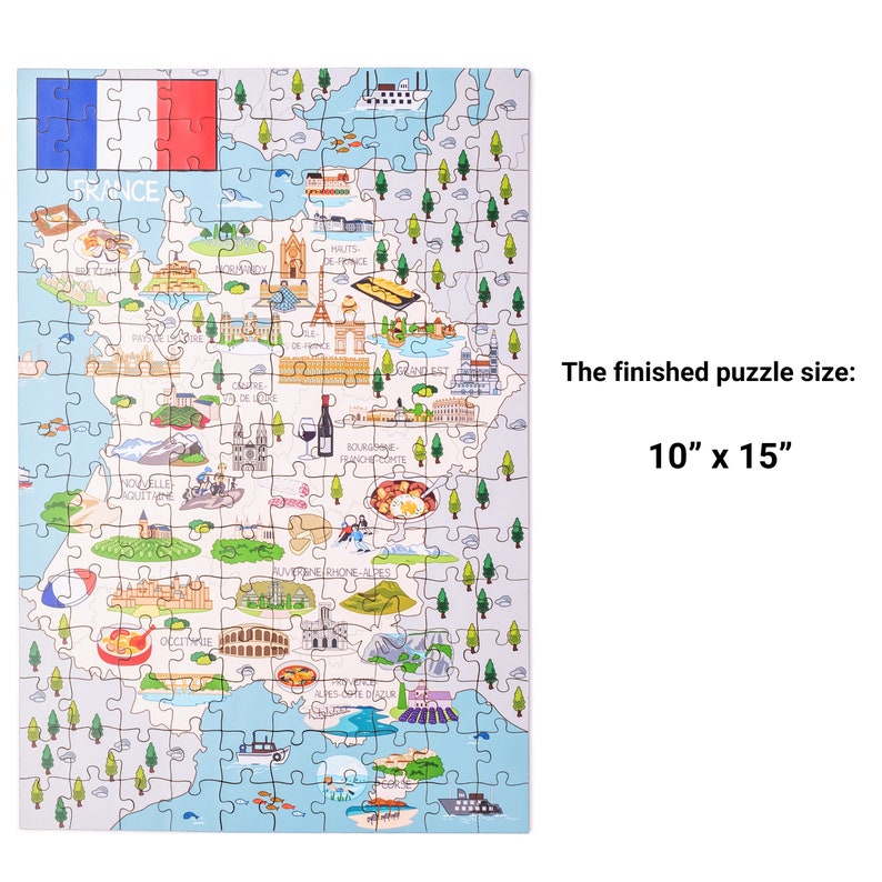 Puzzle en bois carte de France fait à la main pour enfants et adultes, idées cadeaux de vacances, 152 pièces, jeux de société éducatifs colorés illustrés image 2