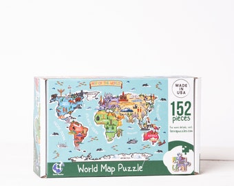 World Map Illustration Wooden Jigsaw Puzzle, Holiday Laser Cut Board Games, Montessori Puzzle Map for Kids, World Food Cultural Landmark