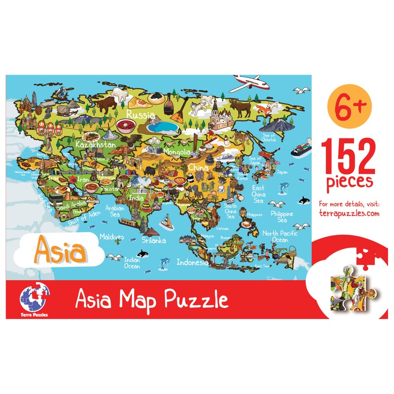 Asia Map Wooden Jigsaw Puzzle for Kids 6, Educational Illustrated Map Puzzle, Montessori Board Games, Holiday Gift Ideas image 2