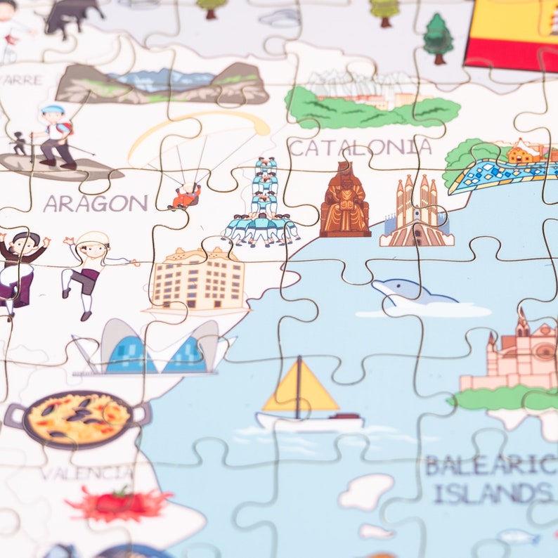 Spain Map Wooden Jigsaw Puzzles, Montessori Map Puzzle of Spain for Kids, Holiday Laser Cut Board Games, Spain Food Cultural Landmark image 8