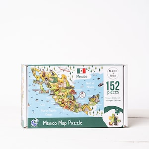 Mexiko Karte Holzpuzzle für Kinder, Illustrierte Mexiko-Stadt Karte, Urlaub Geschenkideen für Kinder, mexikanische Kultur und Essen.