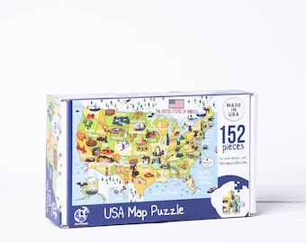 USA Illustrated Map Wooden Jigsaw Puzzle for Children and Adults, 152 Piece Wood Board Games, Holiday Gift Ideas, United States Cultural