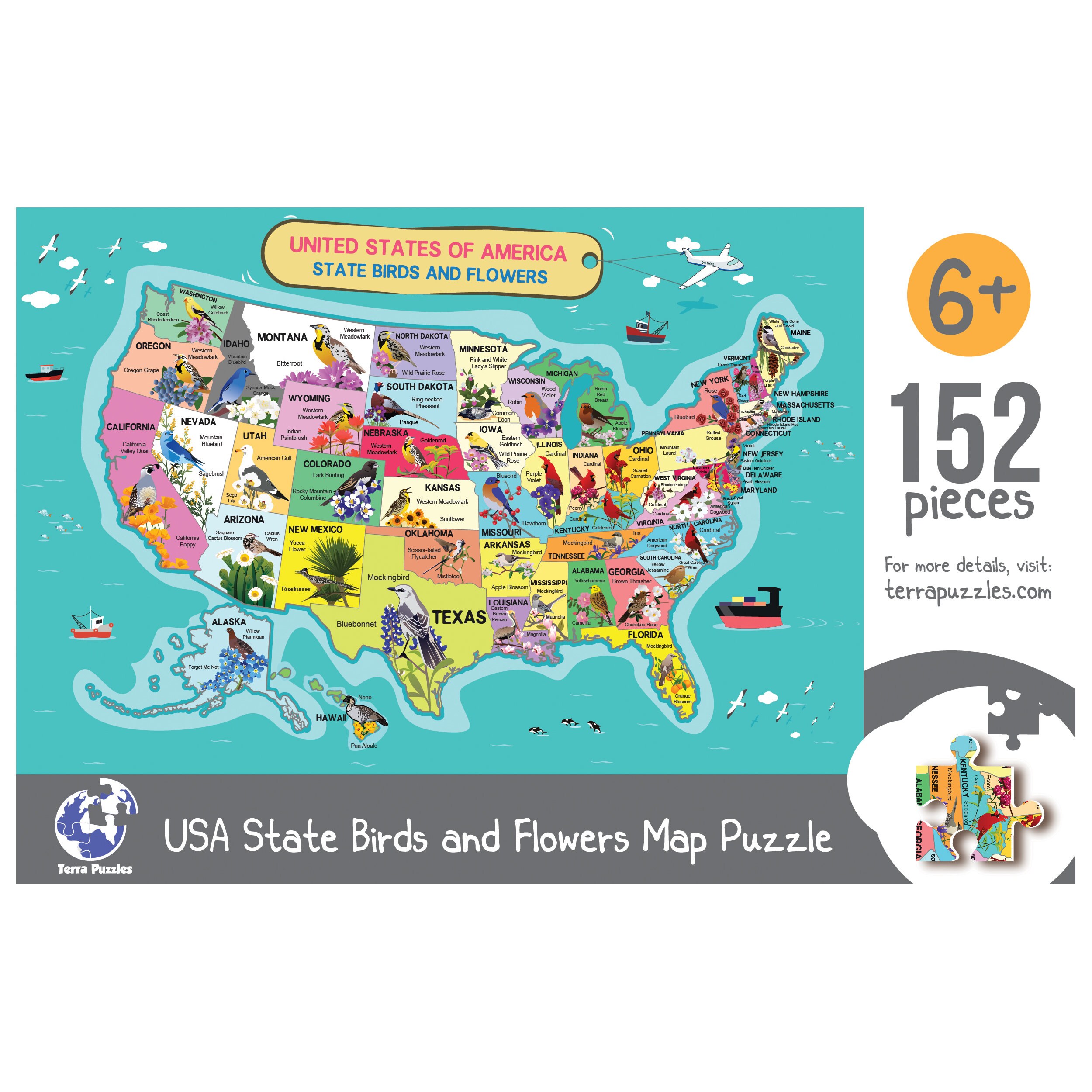 USA States Map Wooden Jigsaw Puzzle, United States America Illustrated Puzzle for Kids, USA