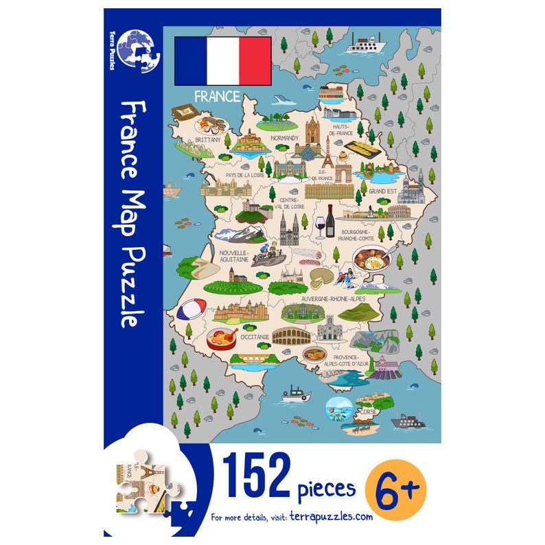 Puzzle en bois carte de France fait à la main pour enfants et adultes, idées cadeaux de vacances, 152 pièces, jeux de société éducatifs colorés illustrés image 10