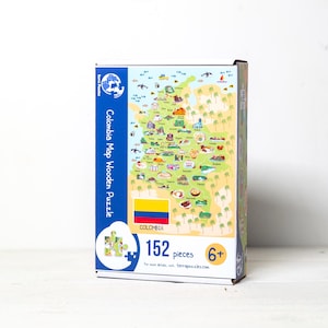 Kolumbien Landkarte Puzzle aus Holz. Spaß & Lernpuzzle mit Sehenswürdigkeiten, Tieren und Essen für Kinder und Erwachsene