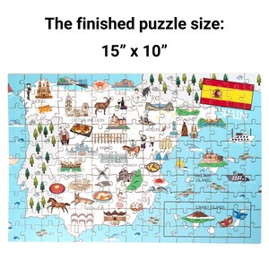 Carte de l'Espagne Puzzles en bois, carte Montessori Puzzle de l'Espagne pour les enfants, jeux de société découpés au laser de vacances, monument culturel de l'alimentation de l'Espagne image 4