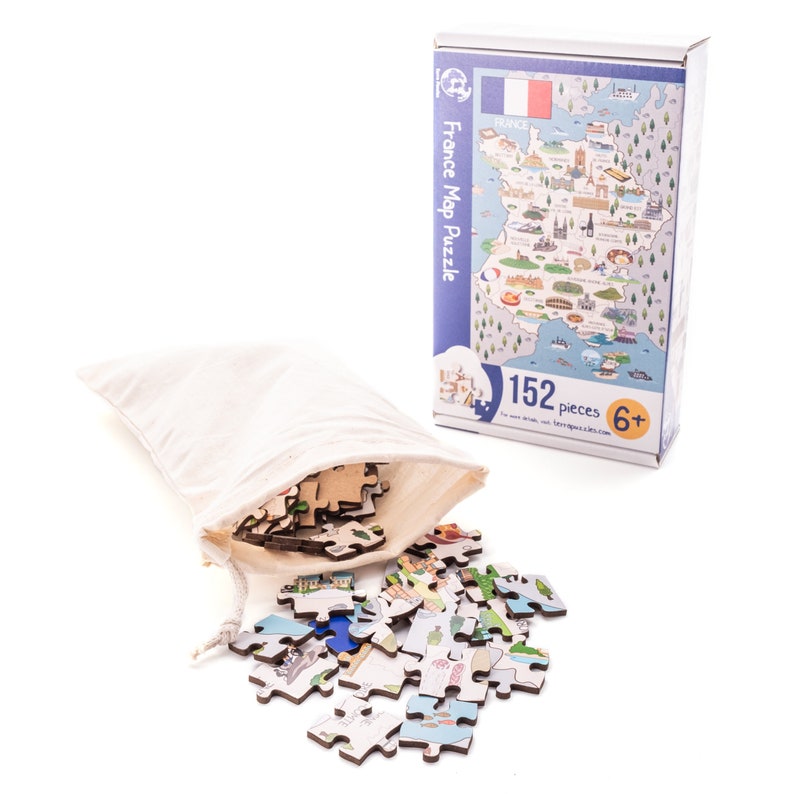 Puzzle en bois carte de France fait à la main pour enfants et adultes, idées cadeaux de vacances, 152 pièces, jeux de société éducatifs colorés illustrés image 9