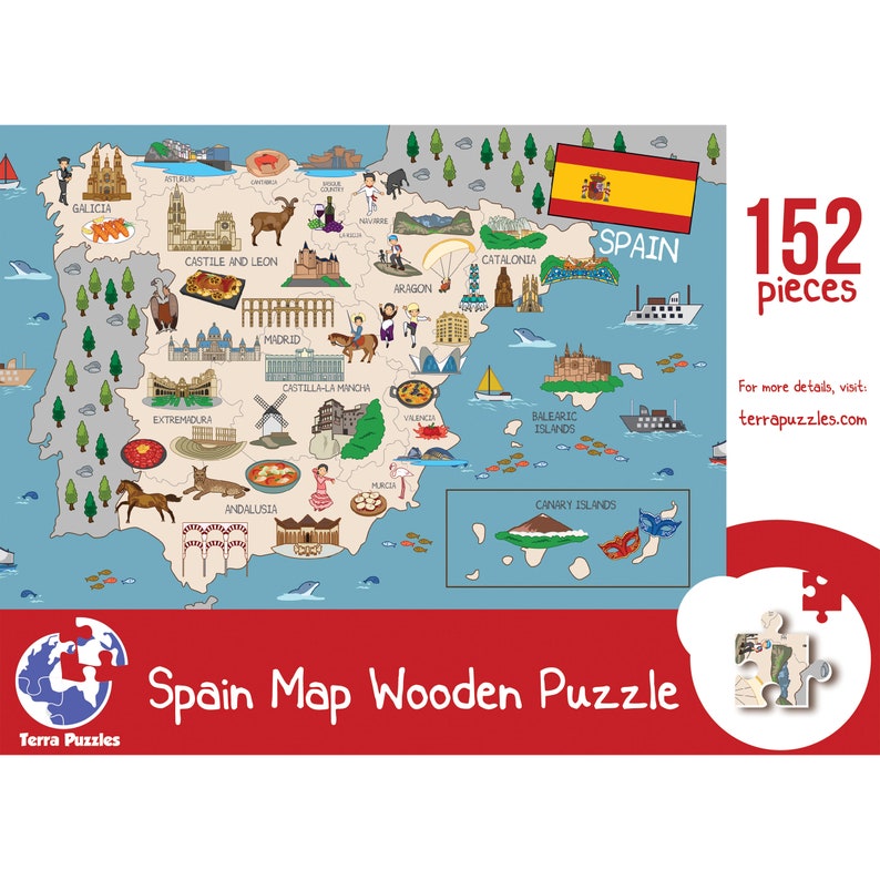 Carte de l'Espagne Puzzles en bois, carte Montessori Puzzle de l'Espagne pour les enfants, jeux de société découpés au laser de vacances, monument culturel de l'alimentation de l'Espagne image 2