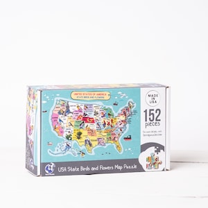 USA Staaten Karte Holzpuzzle, USA Amerika illustriertes Puzzle für Kinder, USA Karte mit Vögel und Blumen