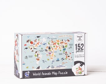 World Animal Map Wooden Jigsaw Puzzle for Kids, Educational Safari Map Jigsaw, Montessori Learning Board Games, Nursery Map Puzzle Decor
