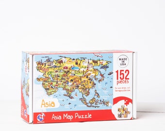 Asia Map Wooden Jigsaw Puzzle for Kids 6+, Educational Illustrated Map Puzzle, Montessori Board Games, Holiday Gift Ideas