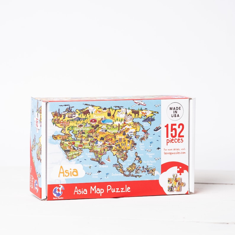 Asia Map Wooden Jigsaw Puzzle for Kids 6, Educational Illustrated Map Puzzle, Montessori Board Games, Holiday Gift Ideas image 1