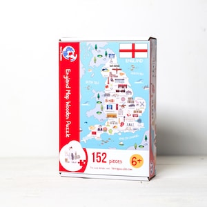 England Landkarte Puzzle aus Holz. Spaß und Lernbrettspiele mit Sehenswürdigkeiten, Tieren und Essen für Kinder und Erwachsene