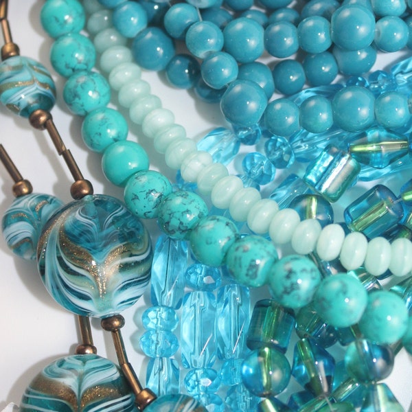 assorted lots of turquoise, teal, and aqua glass beads, mixed types - multiple lots in this listing