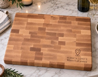 Personalized Coordinates End Grain Butcher Block, Engraved Cutting Board, Anniversary Wedding Housewarming Gift,  764