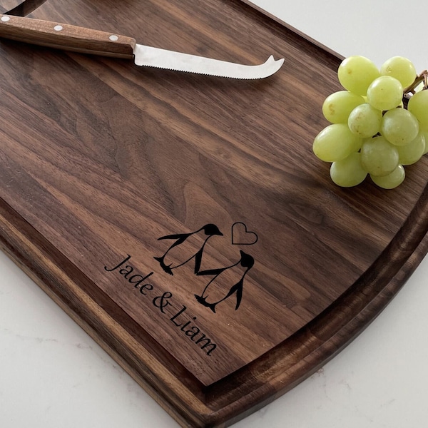 Personalized Cutting Board, Custom Cutting Board, Penguin Themed Gift, Couples Gift, Wedding Gift, Engagement Gift, 046